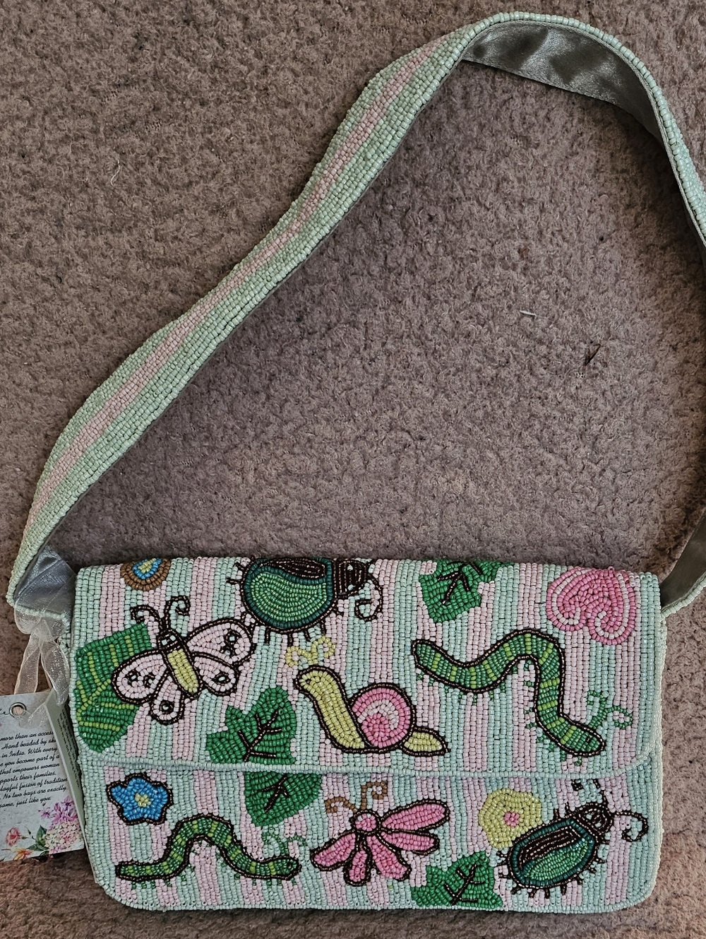 NWT Viral Handcrafted In India Beaded Pink Green Butterfly Caterpillar Bag